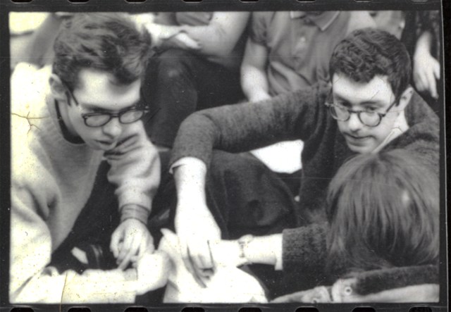 At the University of Chicago sit-in. Bernie, on the right, Bob Brown on the left, winter 1962.